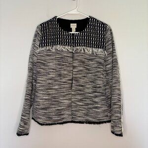 CHICO'S Blazer Women's 2 Medium Navy White Fringe Long Sleeve Career Workwear